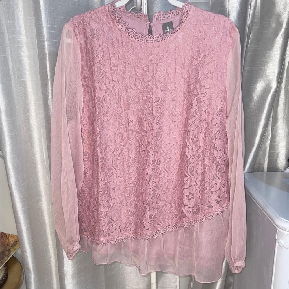 Modest Elegant Pink Lace Women's Long Sleeve Blouse